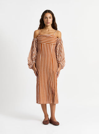 Laagam Nara Brown Striped Midi Dress - Anavi